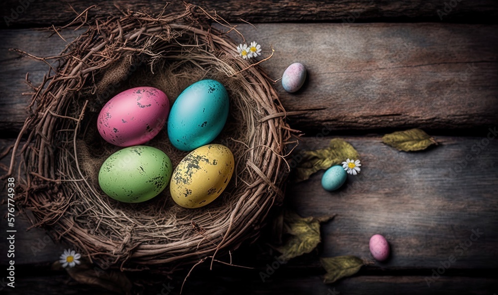  a bird nest filled with colored eggs on top of a wooden table with daisies and daisies around the e