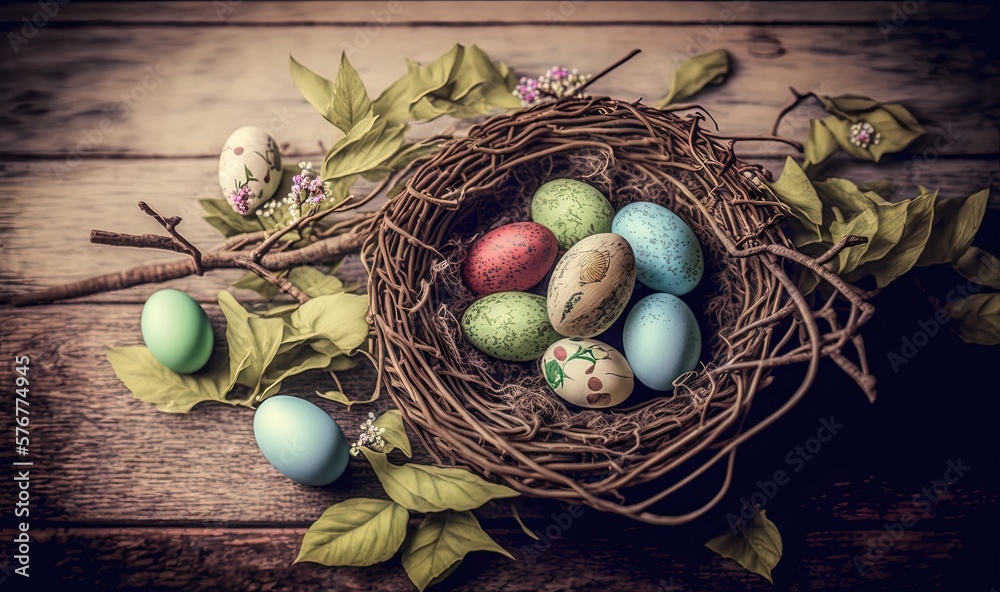  a birds nest filled with colorful eggs on top of a wooden table next to a branch with leaves and f