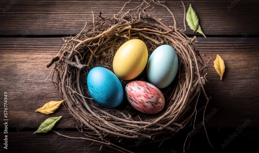  a bird nest with four colored eggs in it on a wooden surface with leaves and leaves around it, on a