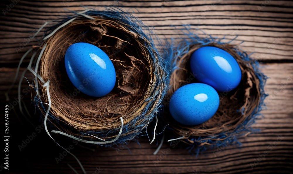  three blue eggs in a nest on a wooden surface with a dark background and a brown wood grained surfa