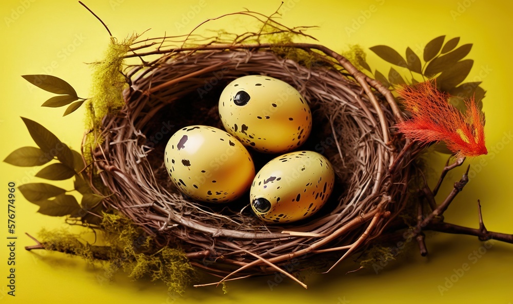  a nest with four eggs in it on a yellow surface with leaves and a red leaf on the side of the nest,