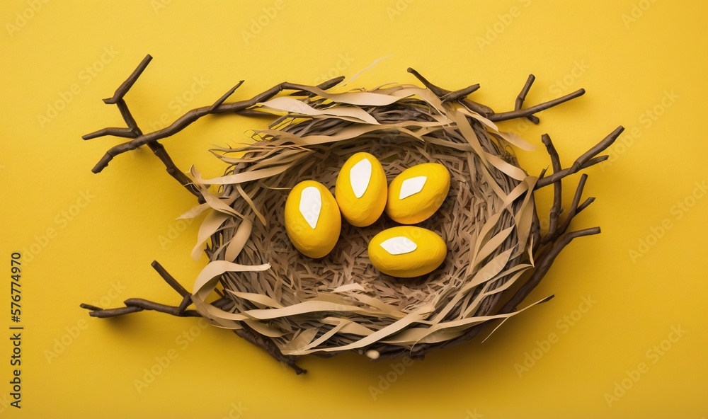  a nest with three eggs in it on a yellow background with twigs and twigs on the bottom of the nest,