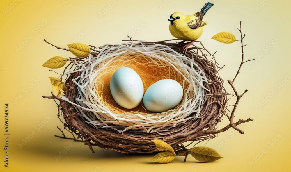  two birds are sitting in a nest with two eggs in the middle of the nest and one bird is sitting on 