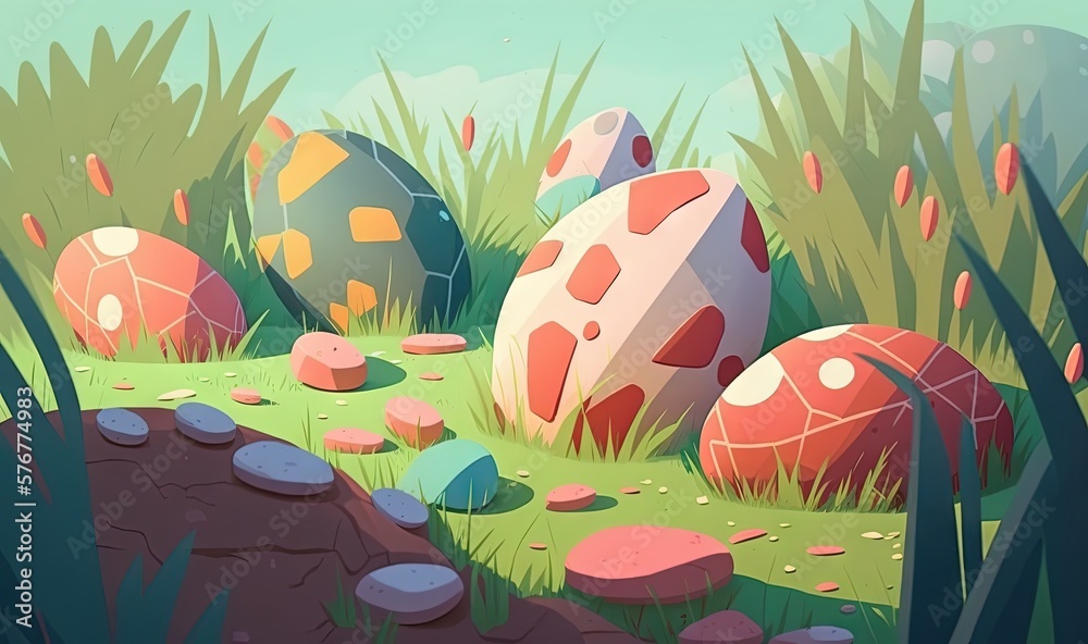  a bunch of rocks and grass in a cartoon style with a blue sky in the back ground and a few rocks in