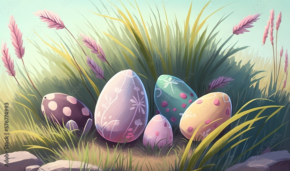  a bunch of eggs that are sitting in the grass near some rocks and grass with some pink flowers in t