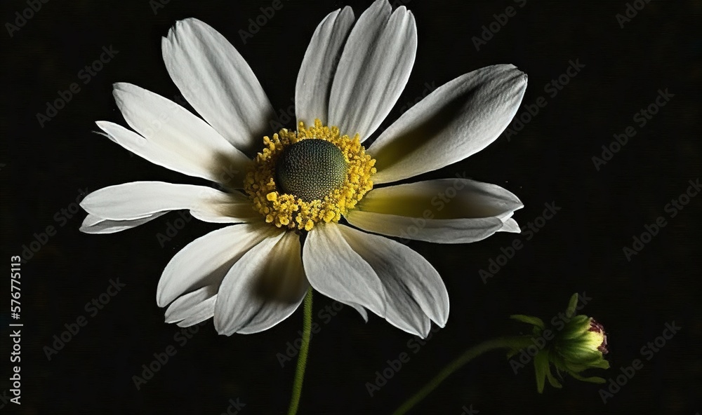  a white flower with a yellow center on a black background with a green center on the center of the 