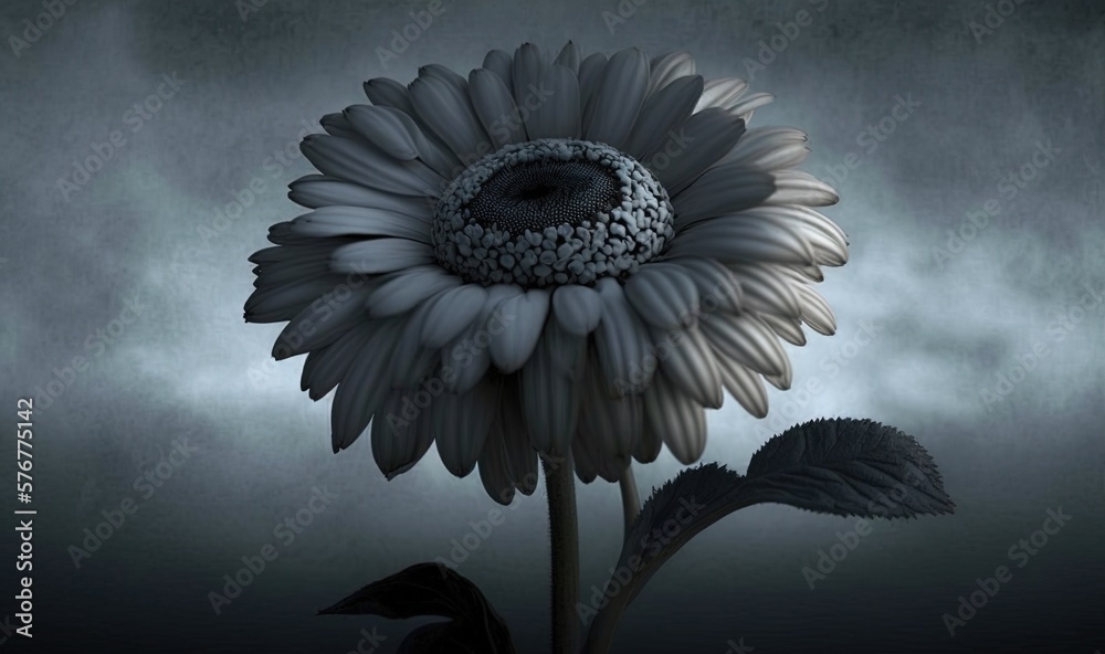  a large white flower with a black center in a dark room with a gray background and a dark sky with 