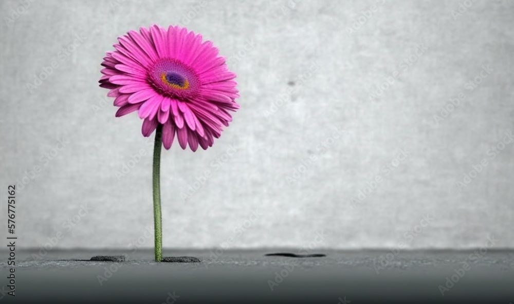  a single pink flower sitting on top of a cement floor next to a wall and a cement wall in the backg