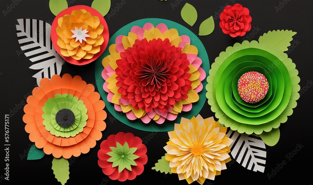  a bunch of paper flowers sitting on top of a table next to each other on a black surface with leave