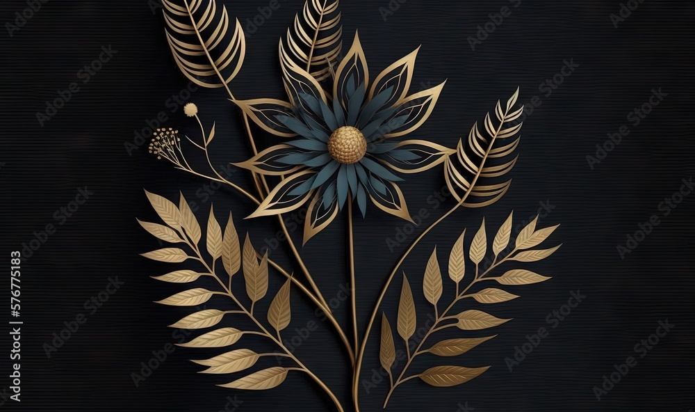  a gold and blue flower and leaves on a black background with a black background and a gold and blue