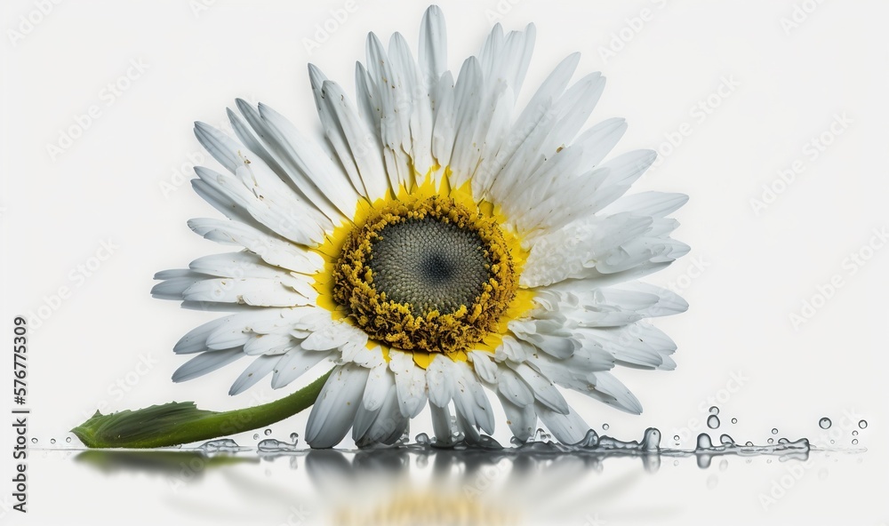  a white and yellow flower with water droplets on its petals and a green leaf on the side of the fl