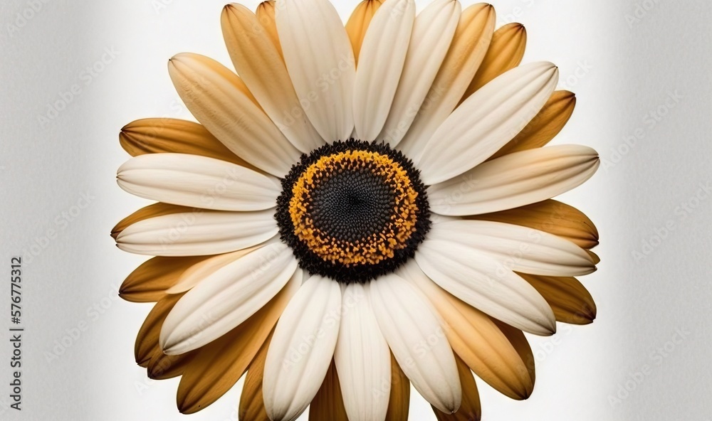  a close up of a flower with a white and yellow center and a black center on the center of the flowe