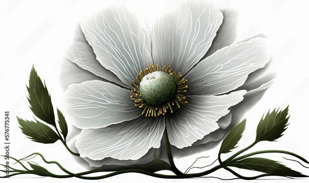  a white flower with green leaves on a white background with a white background and a white backgrou