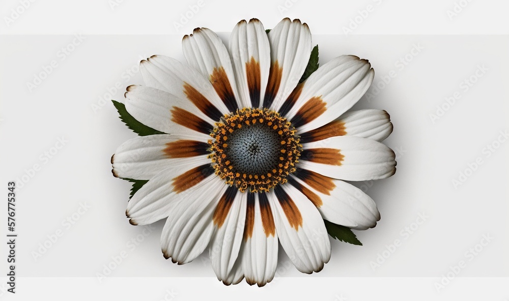  a white and brown flower with green leaves on its center and a white background with a white borde