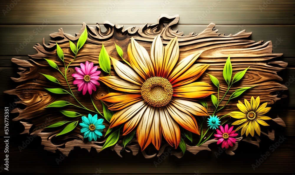  a painting of a flower on a wood paneled wall with leaves and flowers around it, with a wooden back