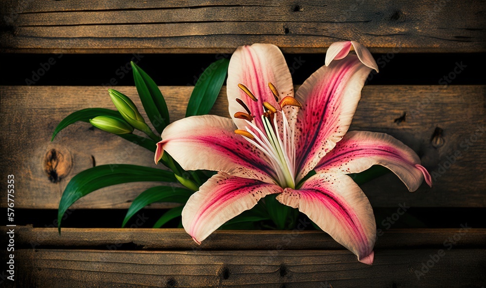  a pink and white flower sitting on top of a wooden box with green leaves on top of the wooden box a