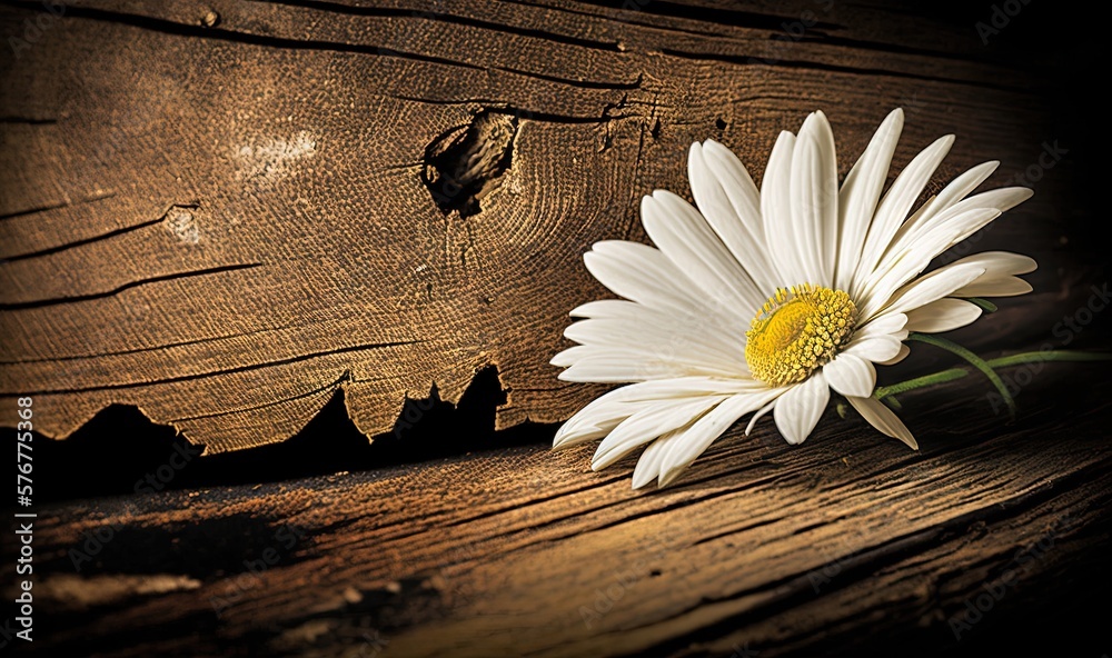  a white flower sitting on top of a wooden table next to a piece of wood with a shadow of a tree tru