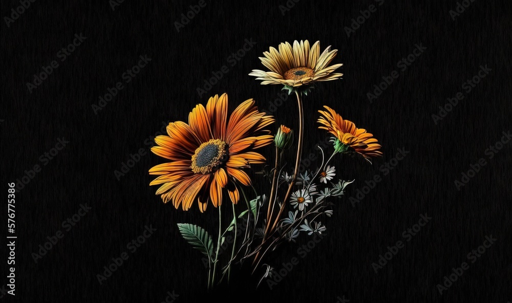  a painting of three yellow flowers in a vase on a black background with leaves and flowers in the b