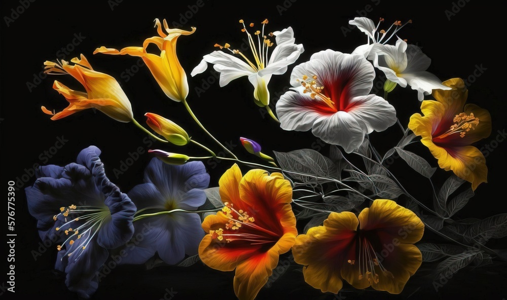  a bunch of flowers that are on a black background with a black background and a black background wi