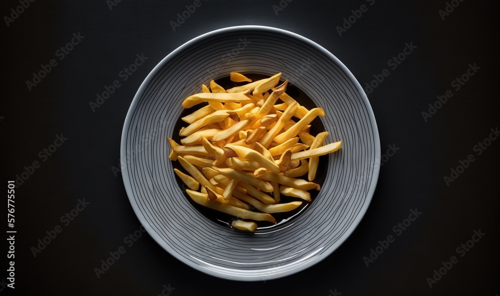  a plate of french fries on a black tablecloth with a black background and a white bowl of fries on 