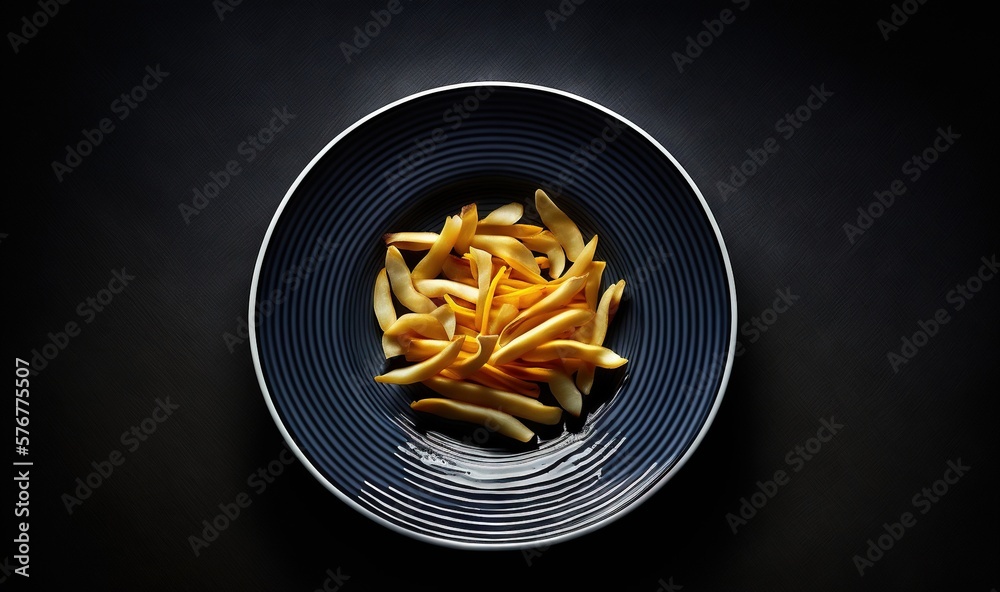  a plate of food that has some kind of pasta in it on a black tablecloth with a black background and