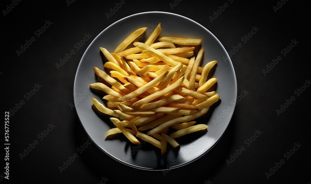  a plate of french fries on a black tablecloth with a spoon in the middle of the plate and a fork in