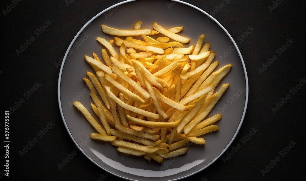  a white plate topped with french fries on top of a black tablecloth and a white plate with a pile o