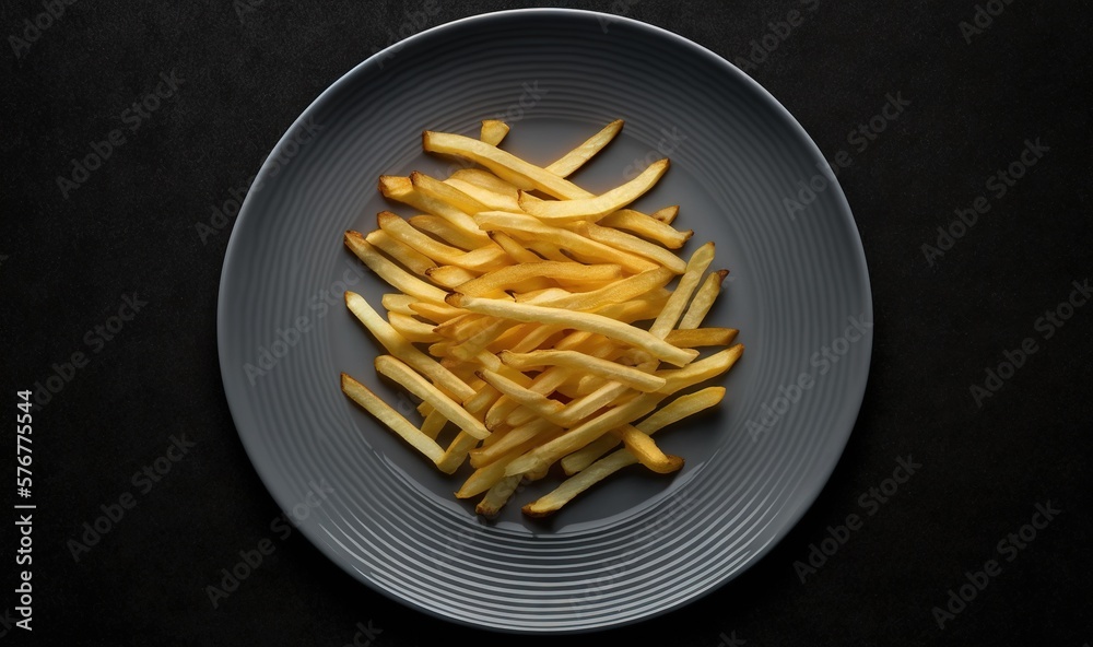  a plate of french fries on a black tablecloth with a black background and a white plate with fries 