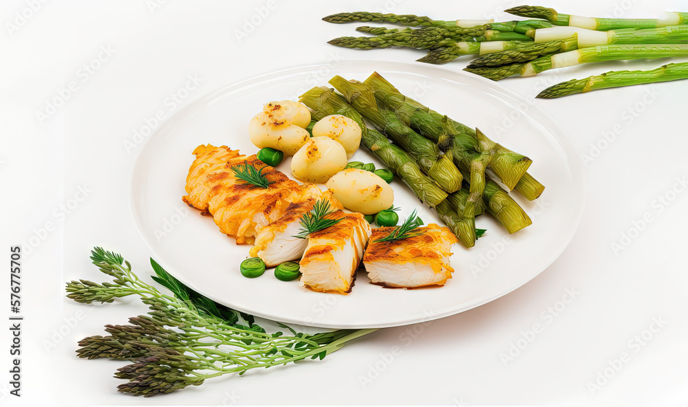  a white plate topped with asparagus and chicken next to a pile of asparagus and a piece of meat on 