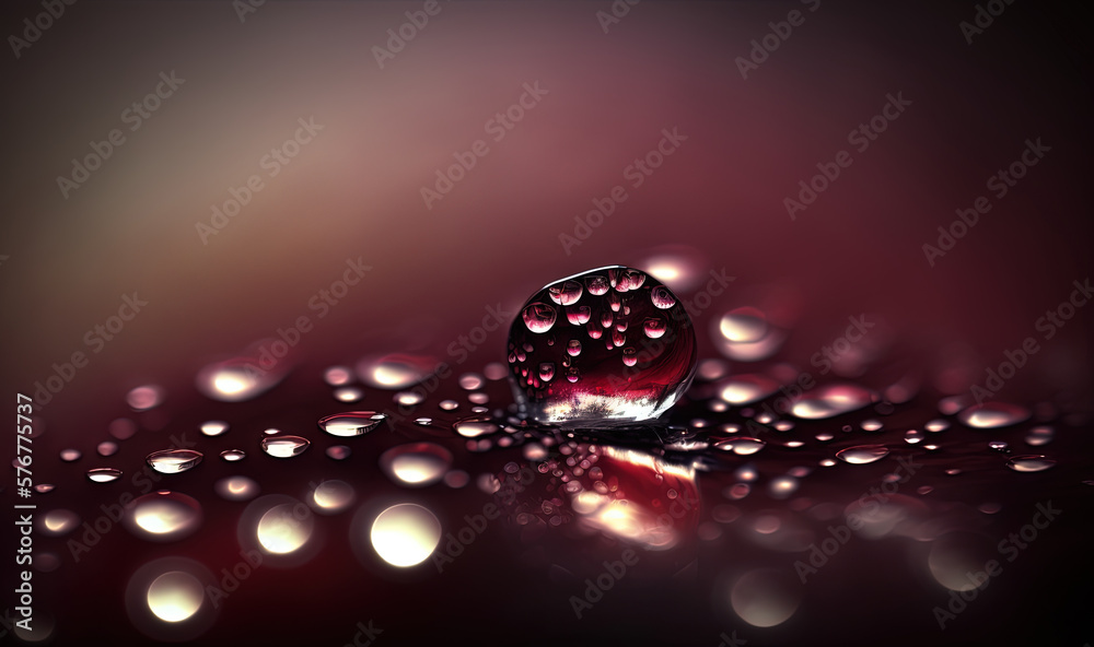  a drop of water that is on a surface with drops of water on it and on the surface is a red and blac