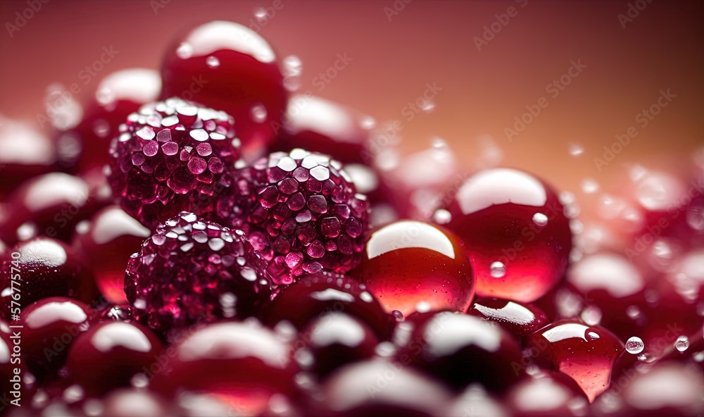  a close up of a bunch of red and white balls with drops of water on them and on the surface of the 