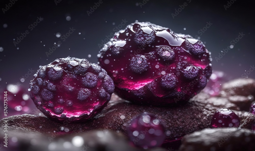  a close up of a bunch of fruit with drops of water on it and a black background with a white spot i