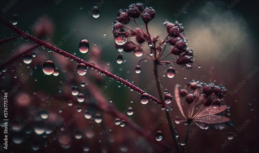  a close up of a plant with drops of water on its leaves and a dark background with a blurry image 