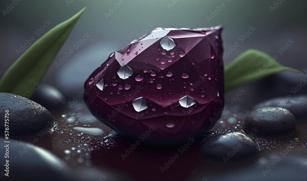  a red object with water droplets on it sitting on some rocks and leaves with water droplets on its