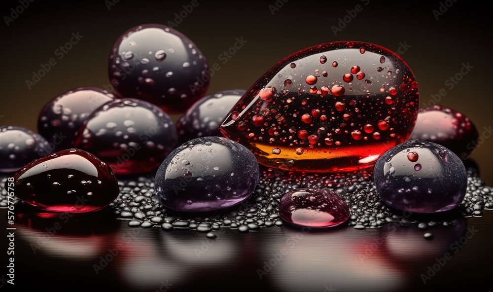  a group of glass balls with water droplets on them on a black surface with a black background and a