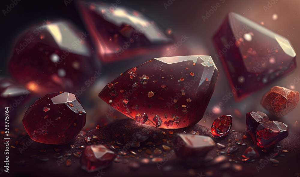  a bunch of red crystals on a dark surface with a light shining in the middle of the image and a few