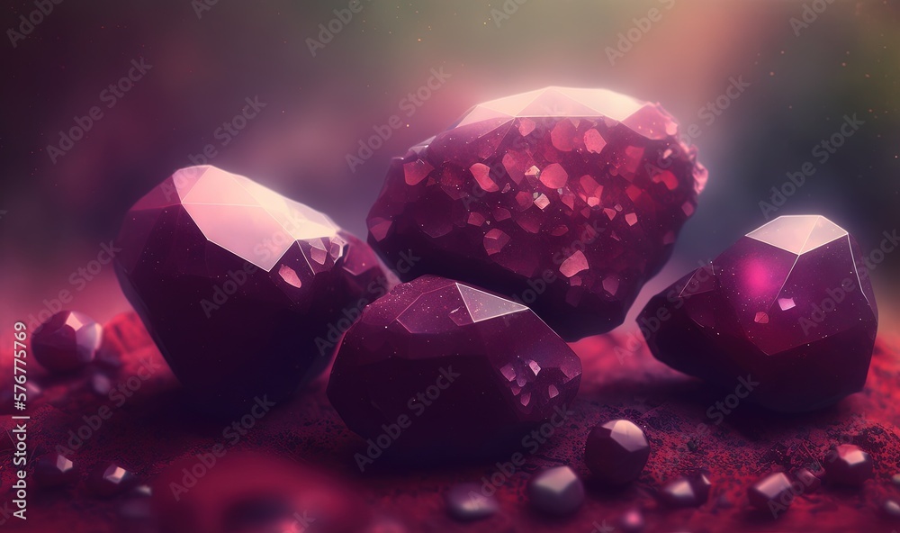  a group of shiny rocks on a red surface with a blurry back ground in the foreground and a red backg