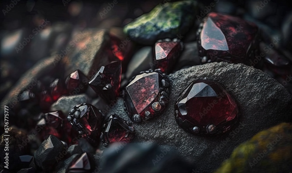  a close up of a bunch of rocks with red stones on them and a green rock in the middle of the pictur