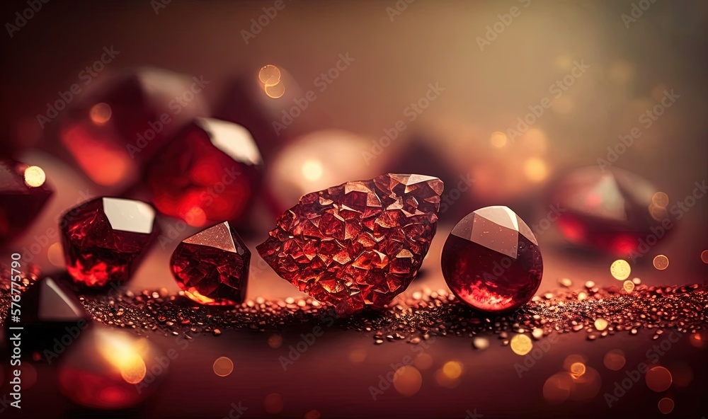  a group of red diamonds sitting on top of a table next to a pile of gold glitters on the floor and 