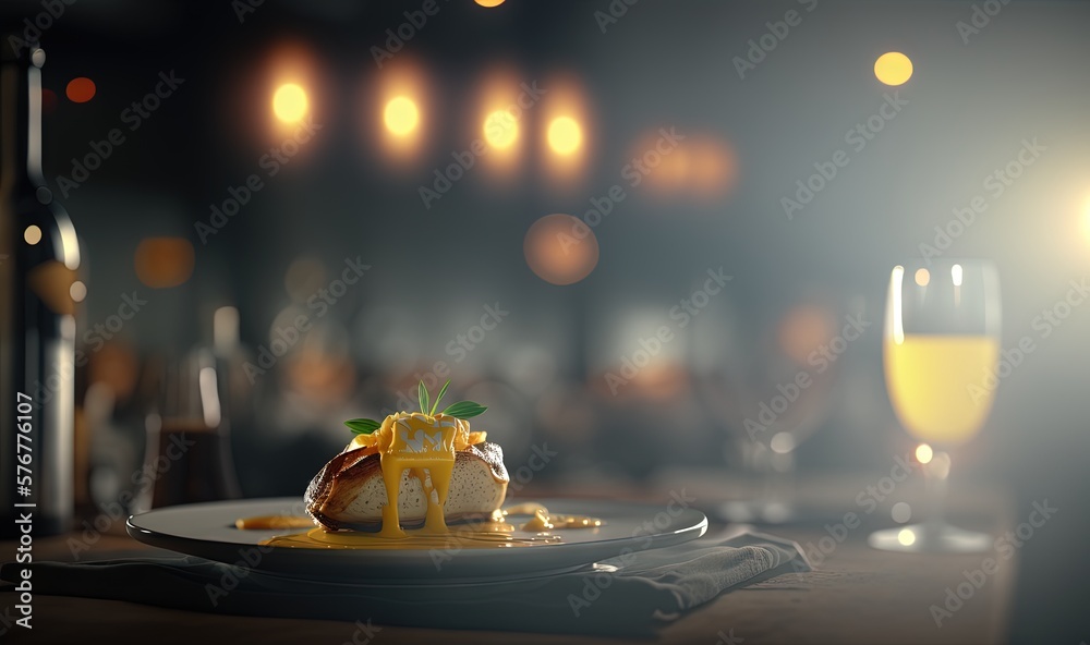  a plate of food and a glass of wine on a table in a dark room with lights on the ceiling and a glas