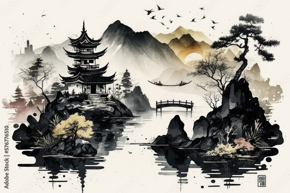 The Chinese landscape style includes sea and mountain scenery. Watercolor picture of a Chinese templ