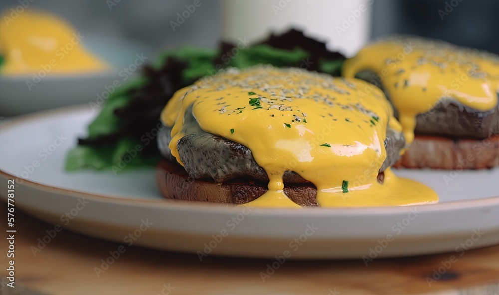  a white plate topped with a hamburger covered in yellow sauce and lettuce next to a glass of milk a