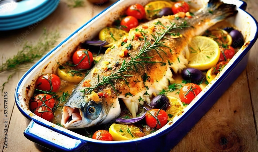  a dish of fish with tomatoes, lemons, and other vegetables on a wooden table next to a plate of egg