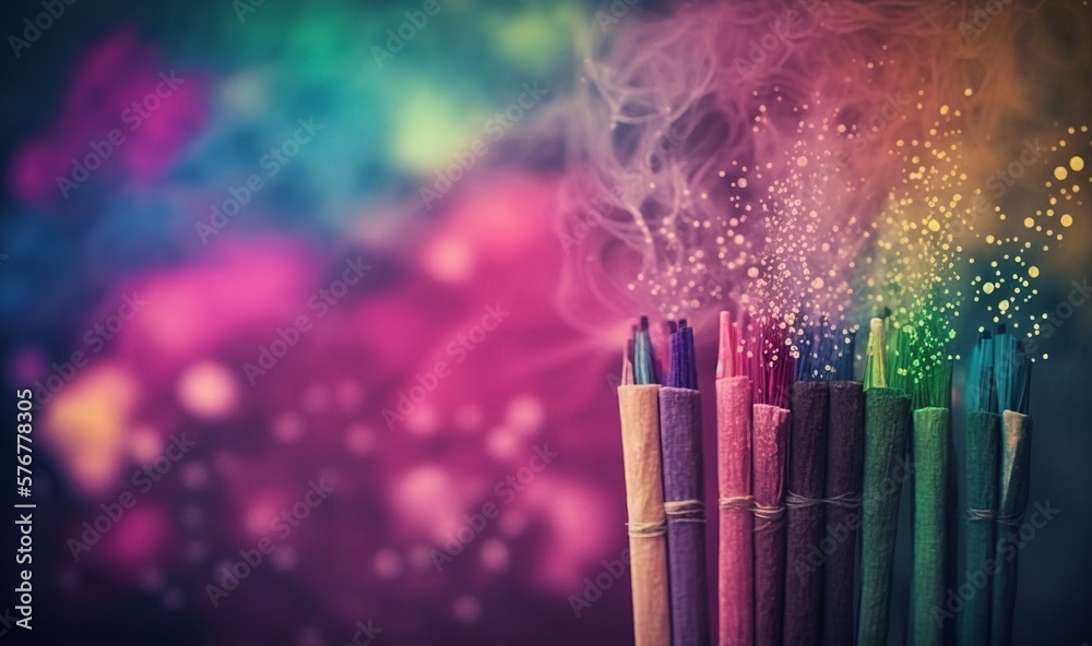  a group of colorful pens sitting next to each other on top of a table next to a rainbow colored bac