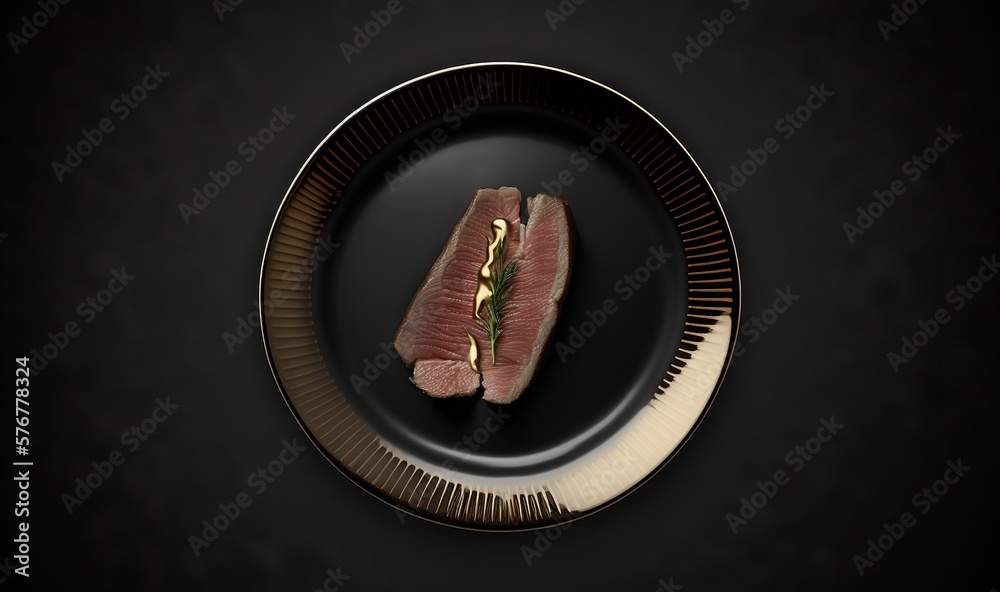  a piece of meat on a black plate with a gold border around it and a gold edge around the edge of th