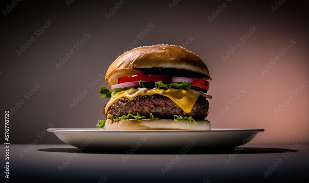  a cheeseburger on a plate on a dark background with a light reflection on the plate and a dark back