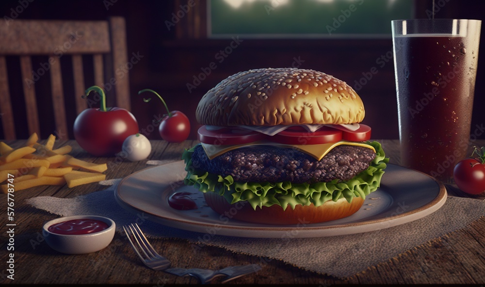  a painting of a hamburger and fries on a plate with a glass of soda on the table in front of the pl