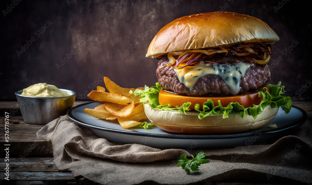  a cheeseburger with lettuce, tomato, and onion on a plate with a side of potato chips on a wooden t