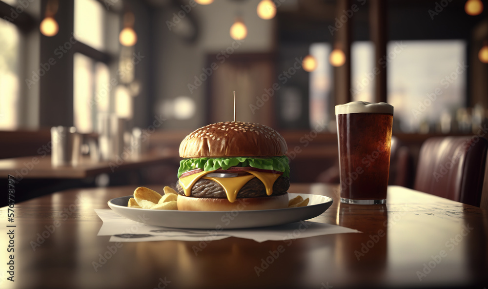  a hamburger and fries on a plate with a beer in a restaurant with a view of the outside of the rest