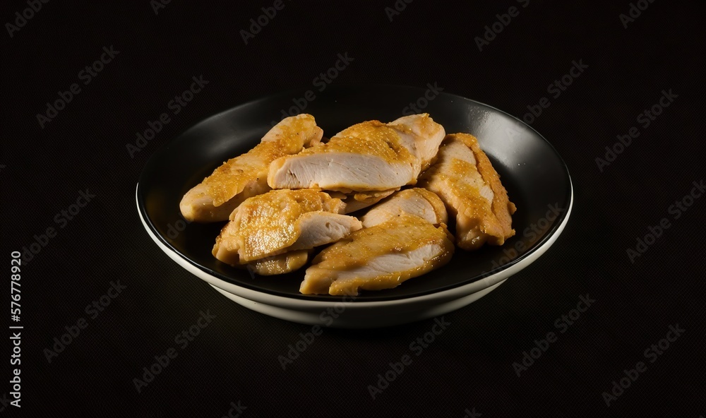  a black plate of chicken pieces on a black table top with a black background and a black table top 